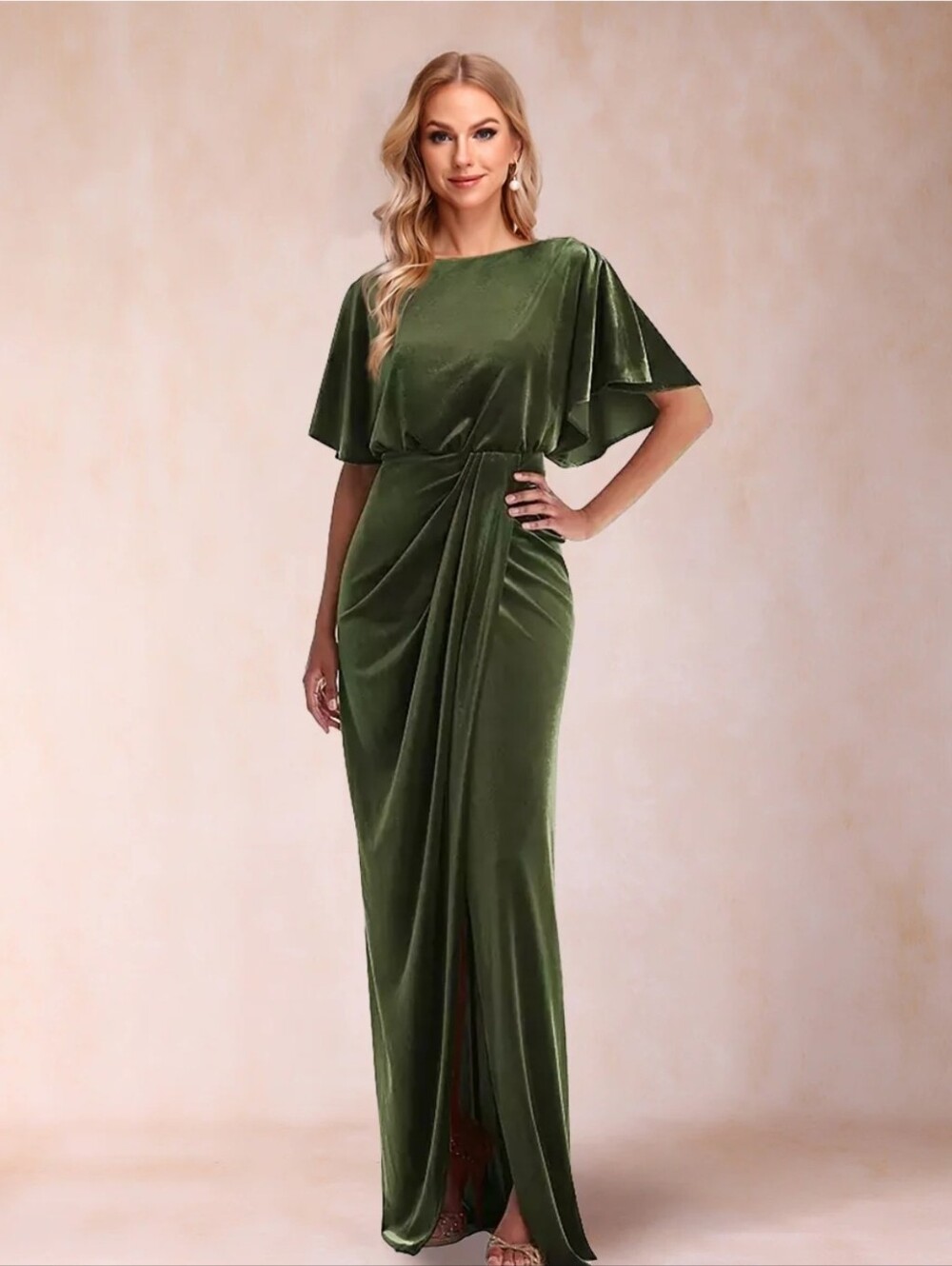 After Six Flutter Sleeve Open-Back Velvet Maxi Gown Green Small
